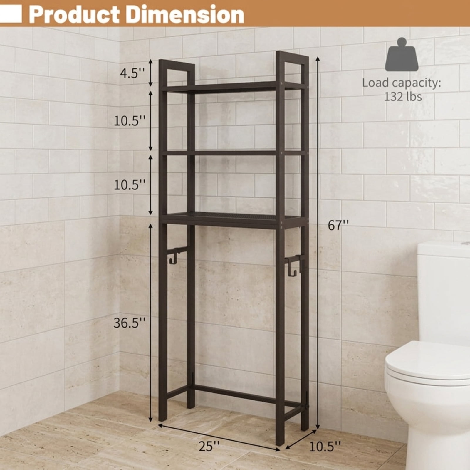 Vebreda Over-The-Toilet Storage Shelf Space Saving Metal Bathroom Organizer Hooks, Space-saving Solution, Durable Material, Safety & Clean Design