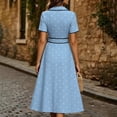 thumbnail image 6 of Karymi Polka Dot Print Vintage Midi Dress, Lapel V Neck Short Sleeve Contrast Trim Button Front A-Line Dress with Self Tie Belted Waist Easter Dress, 6 of 7