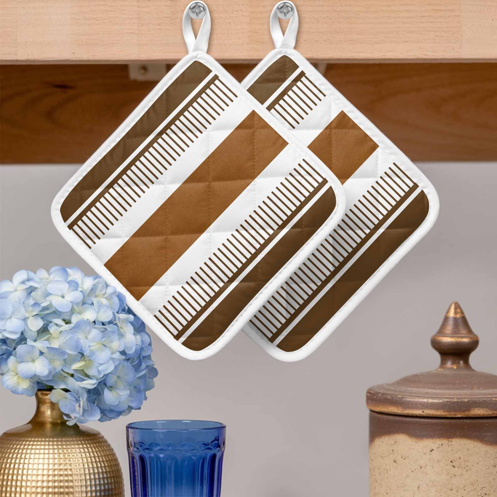Modern Brown Pot Holders for Kitchen Heatproof Potholder, 3 Pack Boho Contemporary Geometric Striped Hot Pads Multipurpose Oven Pads Cloth Potholders Trivet for Cooking Baking