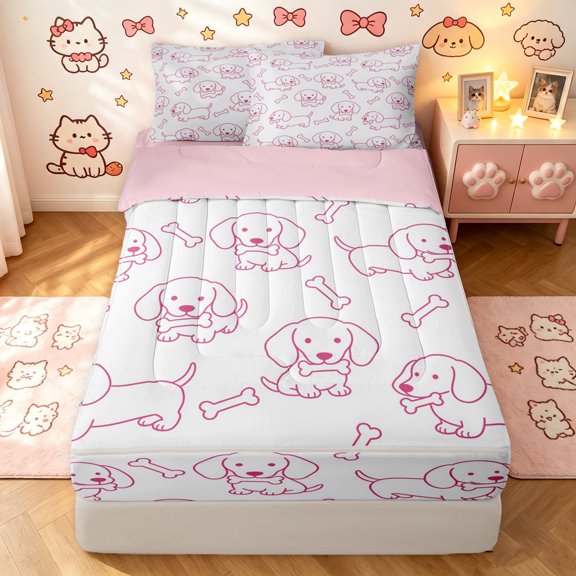 Manfei Kawaii Dachshund Zipper Twin Comforter Sets with Fitted Sheet and 2 Pillowcases, Simple Bone Print Zipper Bedding Set, White Magenta, Pink Reversible, 4-Piece
