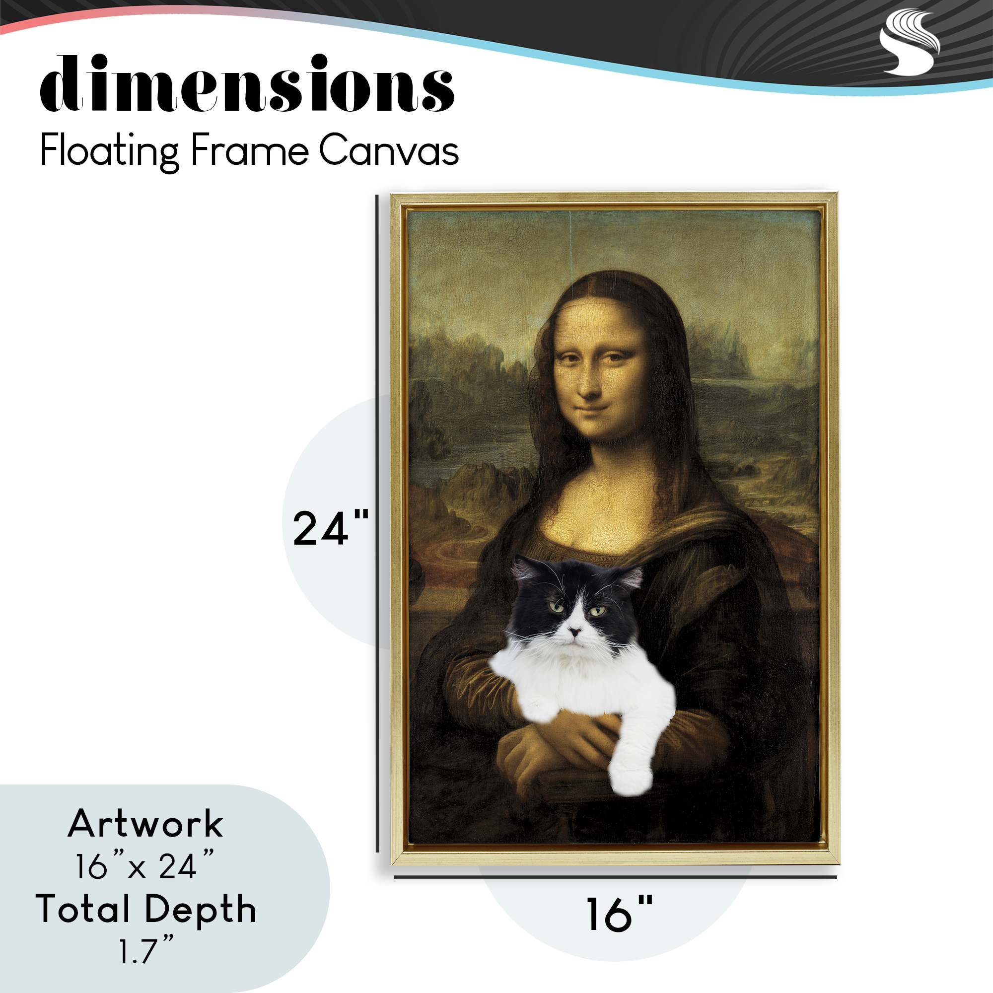 Mona Lisa Cat Lady Gold Framed Floater Canvas Wall Art, design by Masters Redux