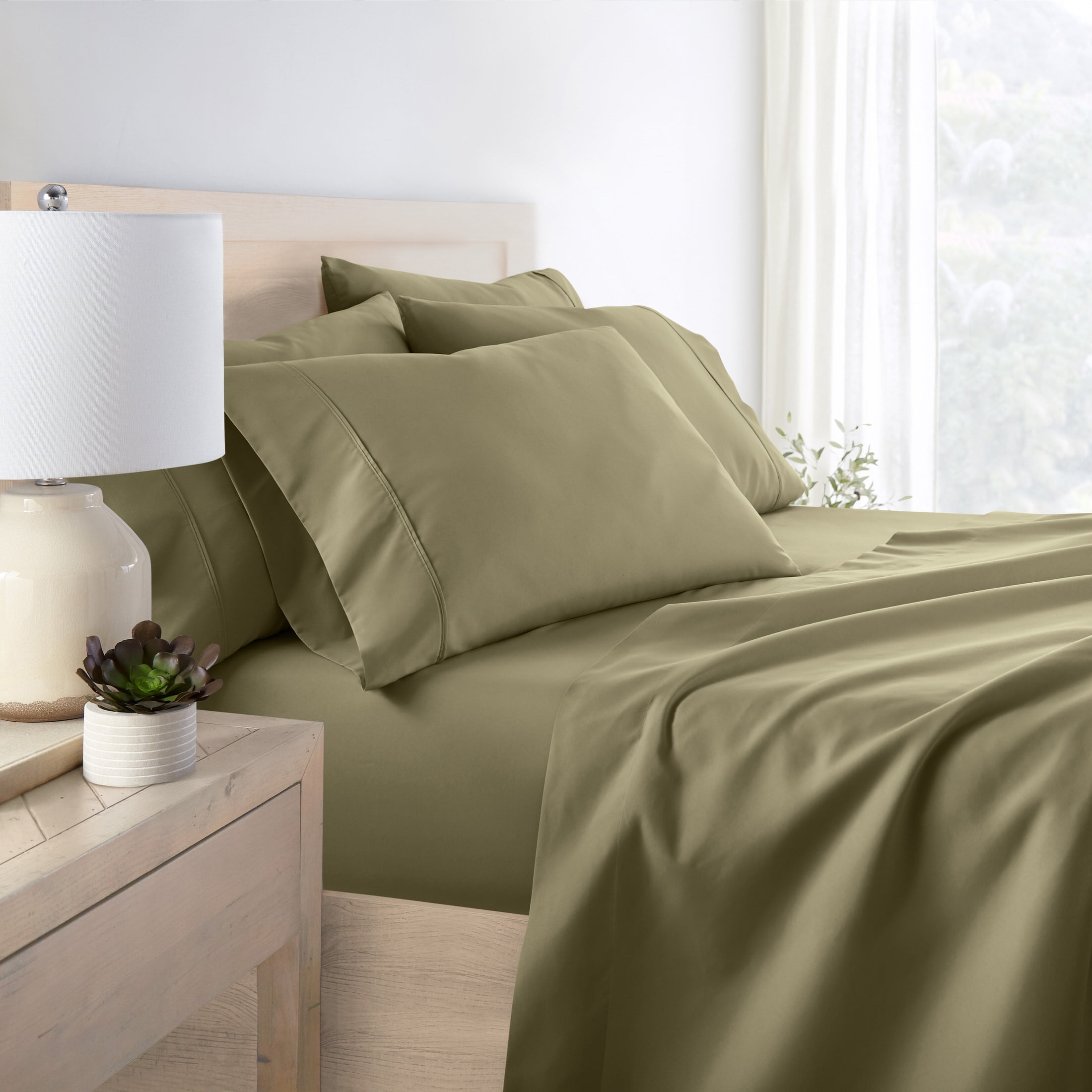 California King, Sage Solid Microfiber 6 Piece Bed Sheet Set, by Noble Linens