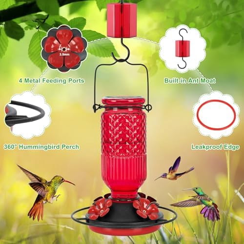 Glass Hummingbird Feeder for Outdoors Hanging, 16 OZ Humming Bird Feeders with 4 Bee Guard Feeding Ports & Built-in Ant Moat, Hummingbird Gifts for Mom Bird Feeder for Outside, Red,2 Pack