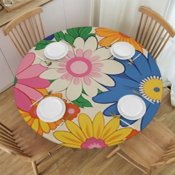 HAOXIT Retro Flower Tablecloth, Vintage Groovy Daisy Flowers Bright Colorful Floral Print Table Cover for Party Picnic Dining Room Kitchen 31-35