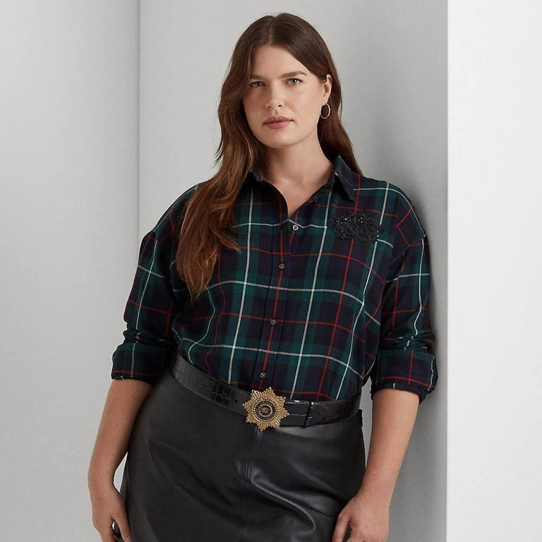Lauren Ralph Lauren Plus Size Bullion Patch Plaid Twill Shirt Women's : 3X