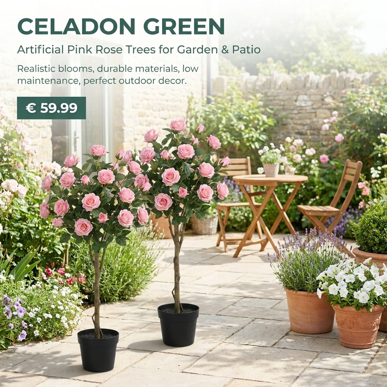 Vebreda Artificial Plant Decor, Set of 2 Artificial Rose Tree with Blooming Flowers and Green Leaves for Indoor, Beautiful & Lifelike Rose Tree
