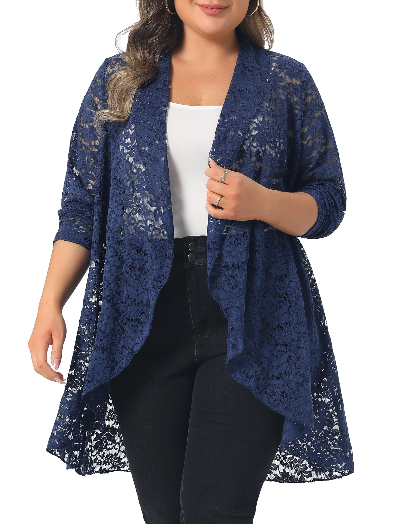 DARING DIVA Women's Plus Cardigan Open Front  Sheer Lace Crochet Cover Up 2X Navy Blue