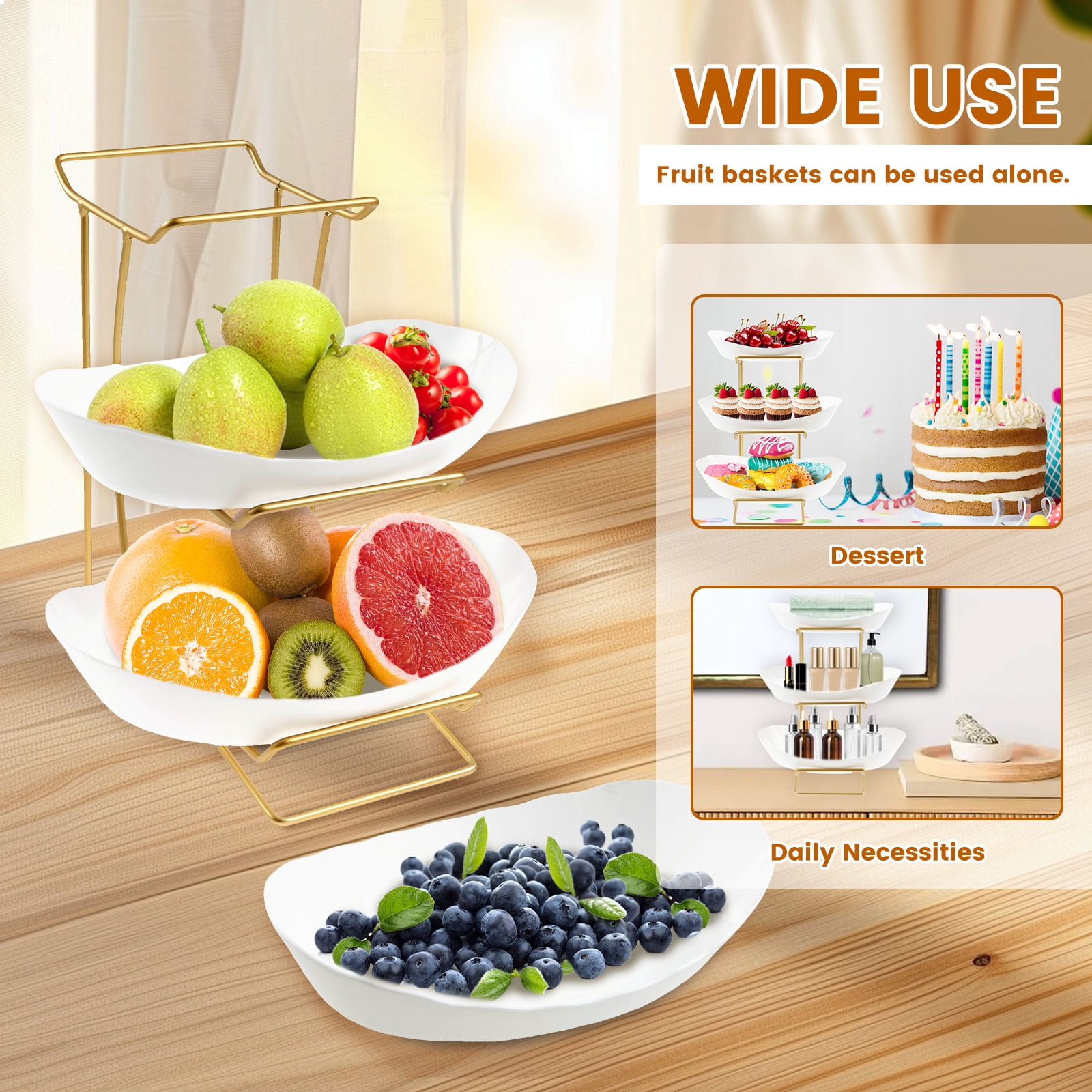 Fruit Bowl Basket Plastic Easy Install 3 Tier Fruit Basket For Kitchen Counter Stand Stable Holder Rack Space Saving