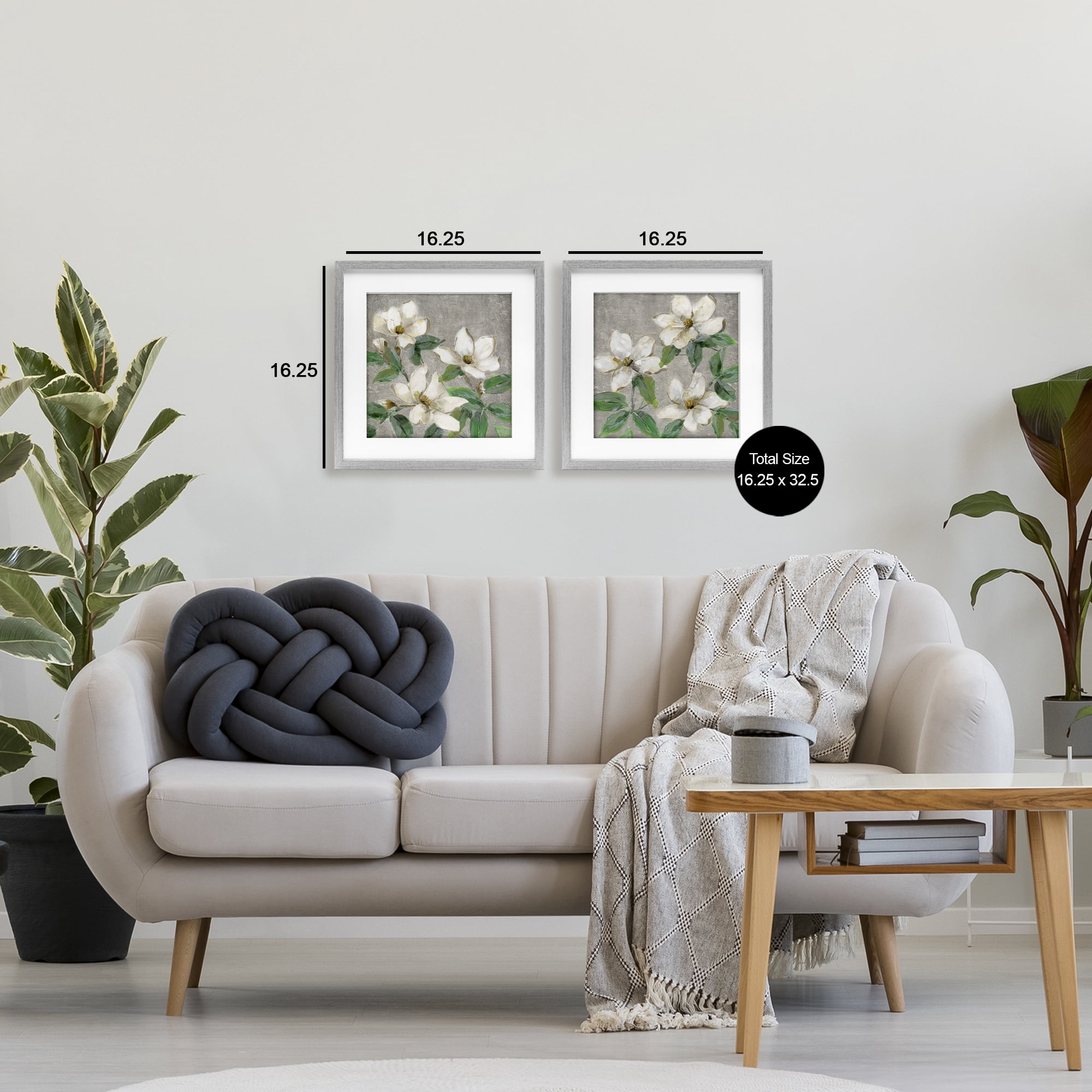 Stupell Industries Blooming Ivory Magnolias 2 Piece Gray Framed Print Under Glass Set, design by Sally Swatland