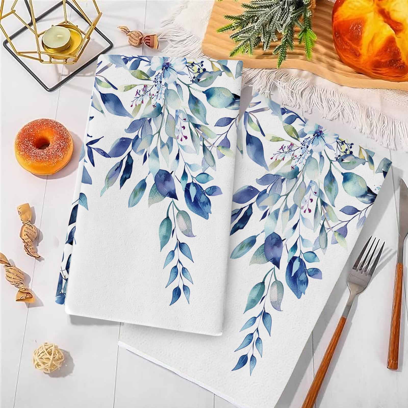 Blue Teal Eucalyptus Leaves Kitchen Towels Set of 2, Watercolor Weeping Botanical Soft Microfiber Dish Towels, Absorbent Washable Dishcloths for Kitchen Cleaning, Drying Dishes, 18x28 Inches