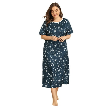 

Long Nightgown Womens Round Neck Loungewear Oversized Sleepwear Loose Sleep Dress Large Size 3XL