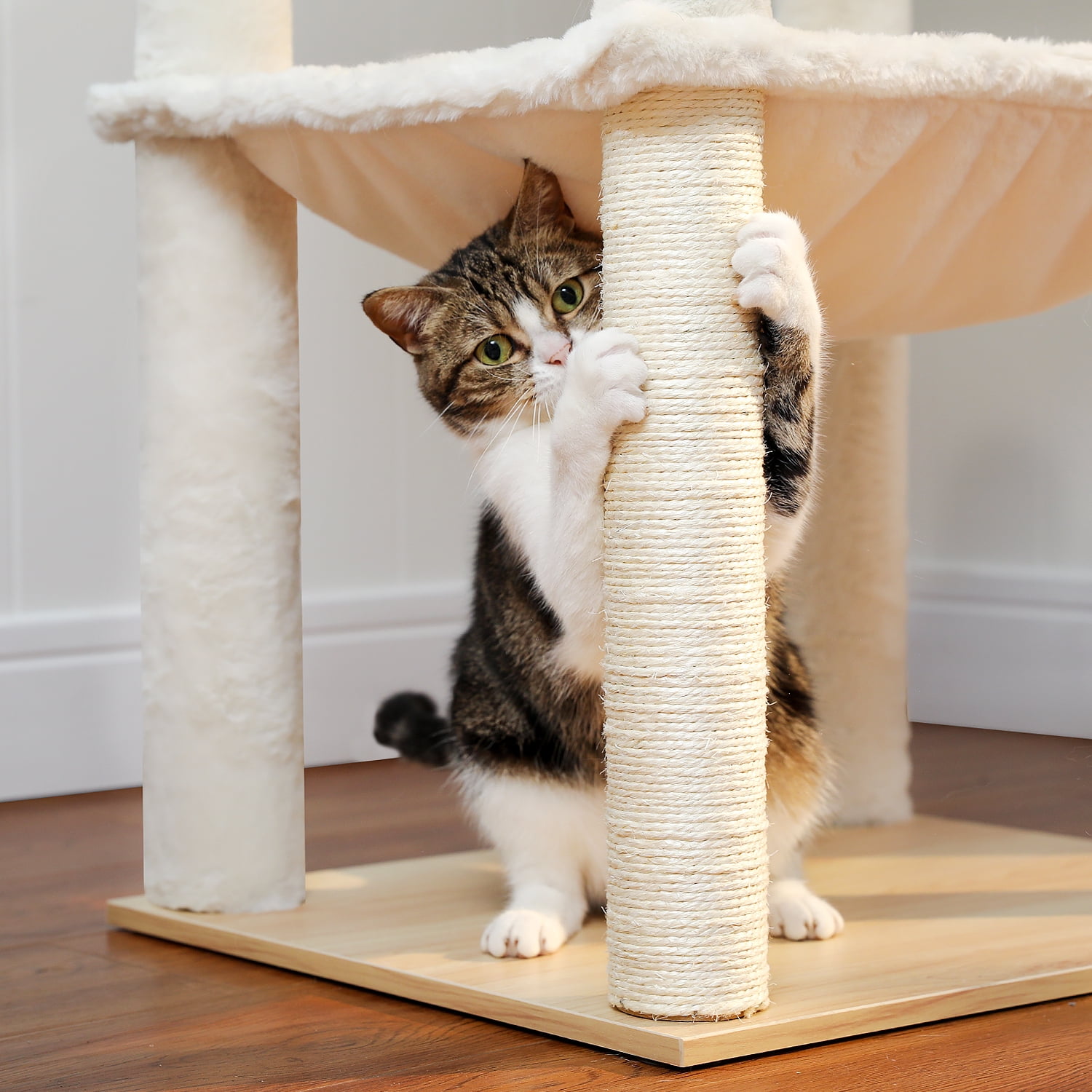 Pefilos 56" Cat Tree Tower for Indoor Cats, Modern Wood Cat Condo with Scratching Post for Large Cats Climbing, Multi-Level Cat Tree House, Beige