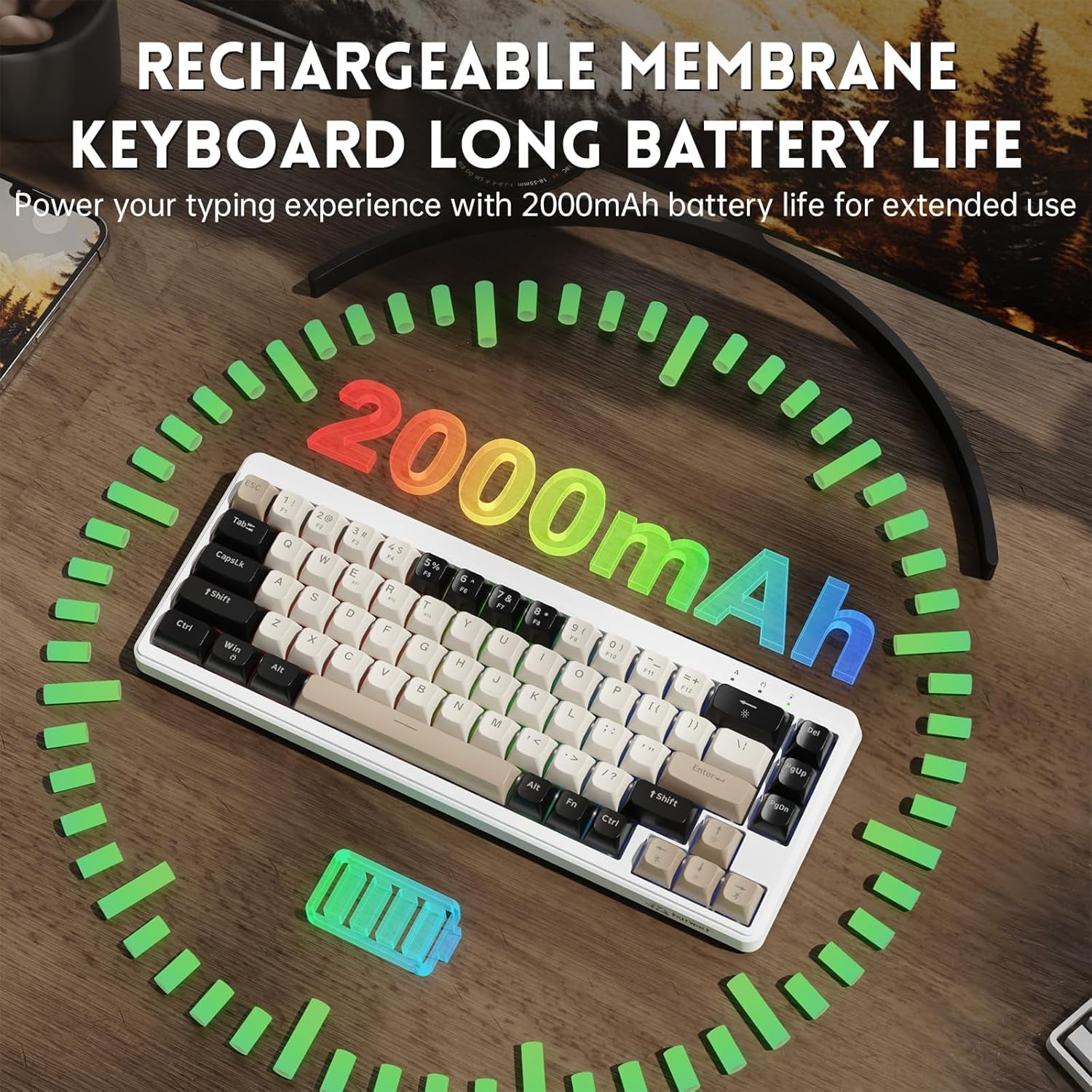 ZIYOULANG M68 65% Wireless Gaming Keyboard, QWERTY Layout, BT/2.4G/Wired Silent Membrane Keyboard, Rainbow Backlit 67 Keys PBT Keycaps, 2000mAh Portable for Gamer/Office-Creamy