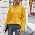 thumbnail image 4 of Blusa de mujer de manga larga de color puro con cuello en V y bolsillo para invierno otoño, 4 of 8