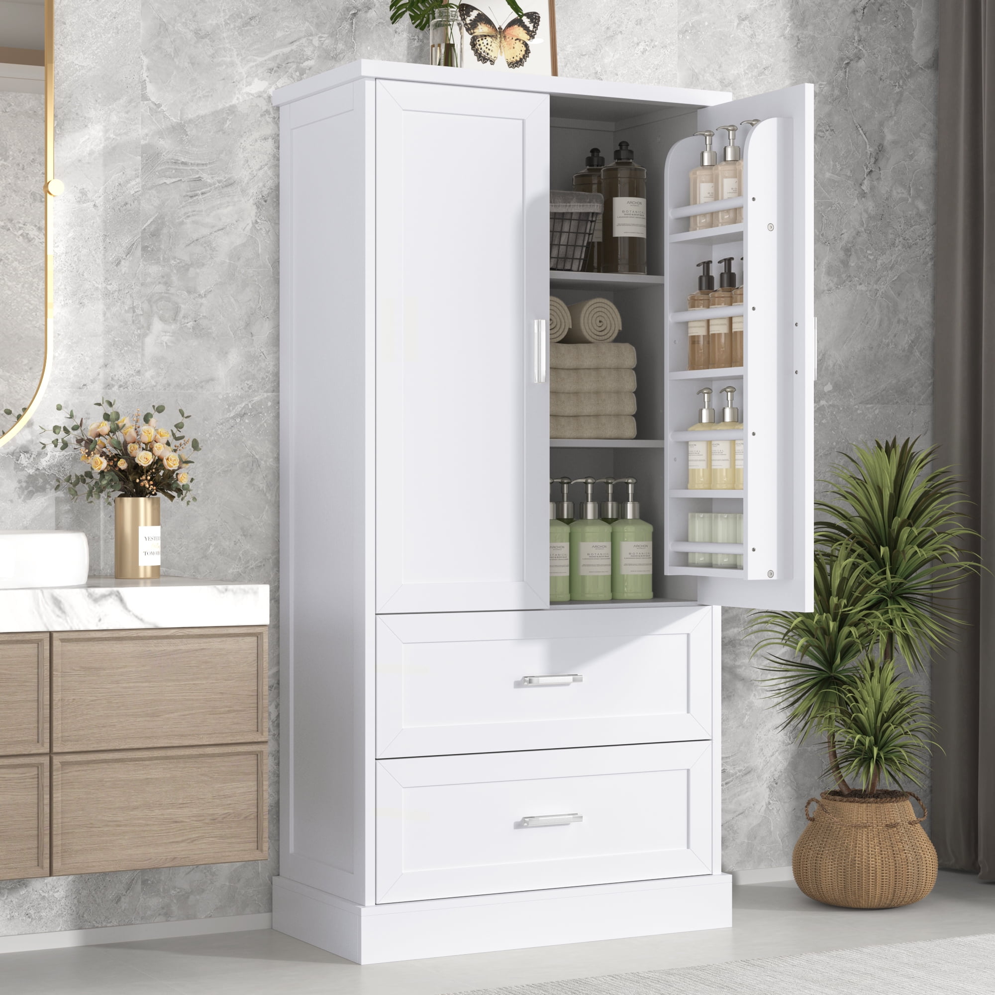Harper & Bright Designs Tall Bathroom Storage Cabinet with Doors and Drawers, Modern Freestanding Cabinet with Adjustable Shelf for Bathroom, White