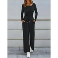 thumbnail image 4 of Women'S 2 Piece Matching Lounge Sets Fall Fashion Outfits Henley Neck Sweater Top Wide Leg Pants Sweat Suits Black M, 4 of 8