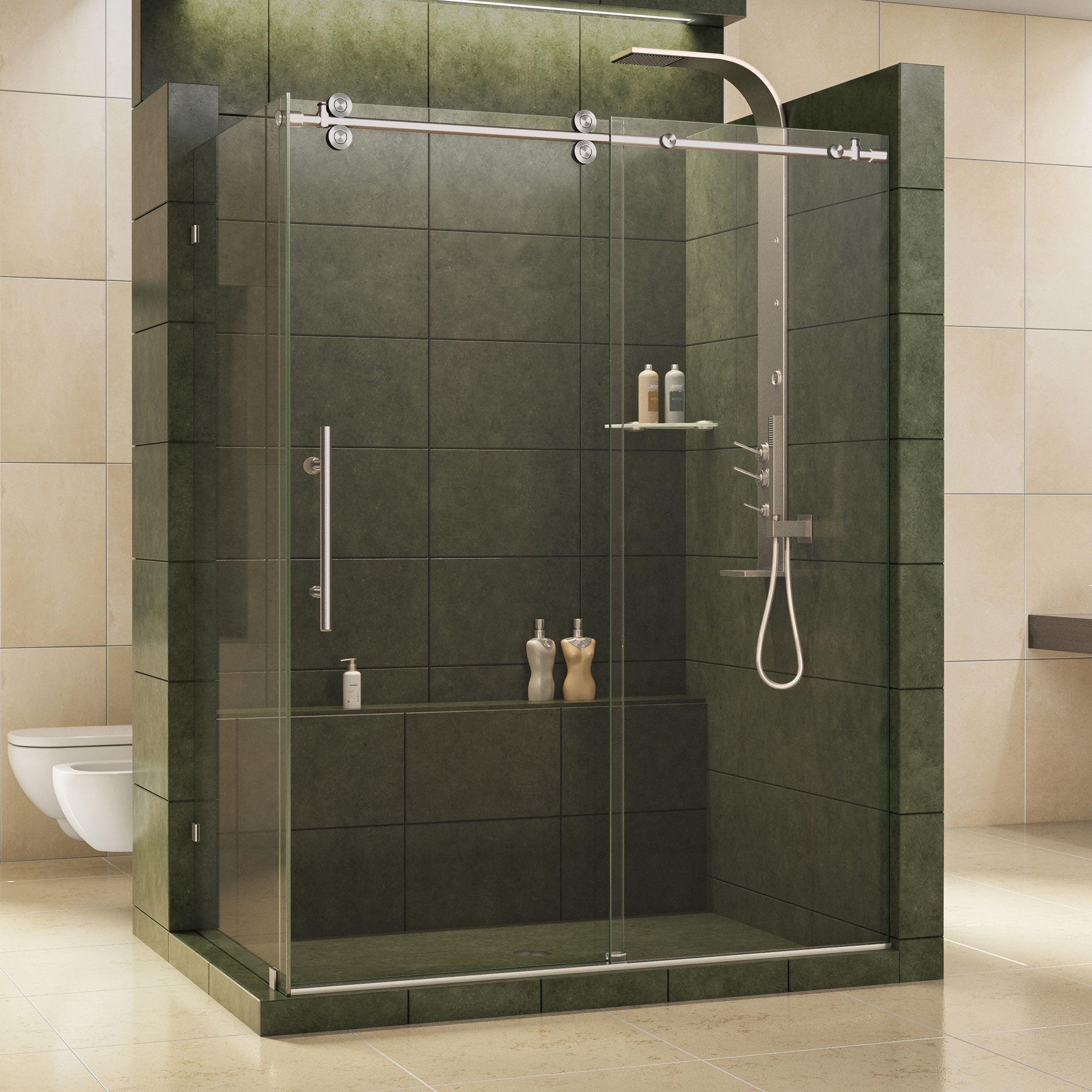 DreamLine Enigma 36 in. D x 60 1/2 in. W x 79 in. H Frameless Sliding Shower Enclosure in Brushed Stainless Steel, 1/2 in. Glass
