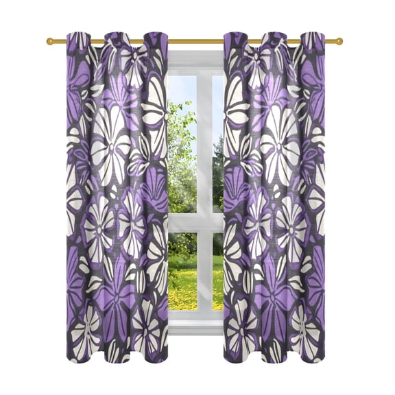 White and Purple Flowers Semi Sheer Curtains for Living Room Bedroom Set of 2 Insulated Window Drapes