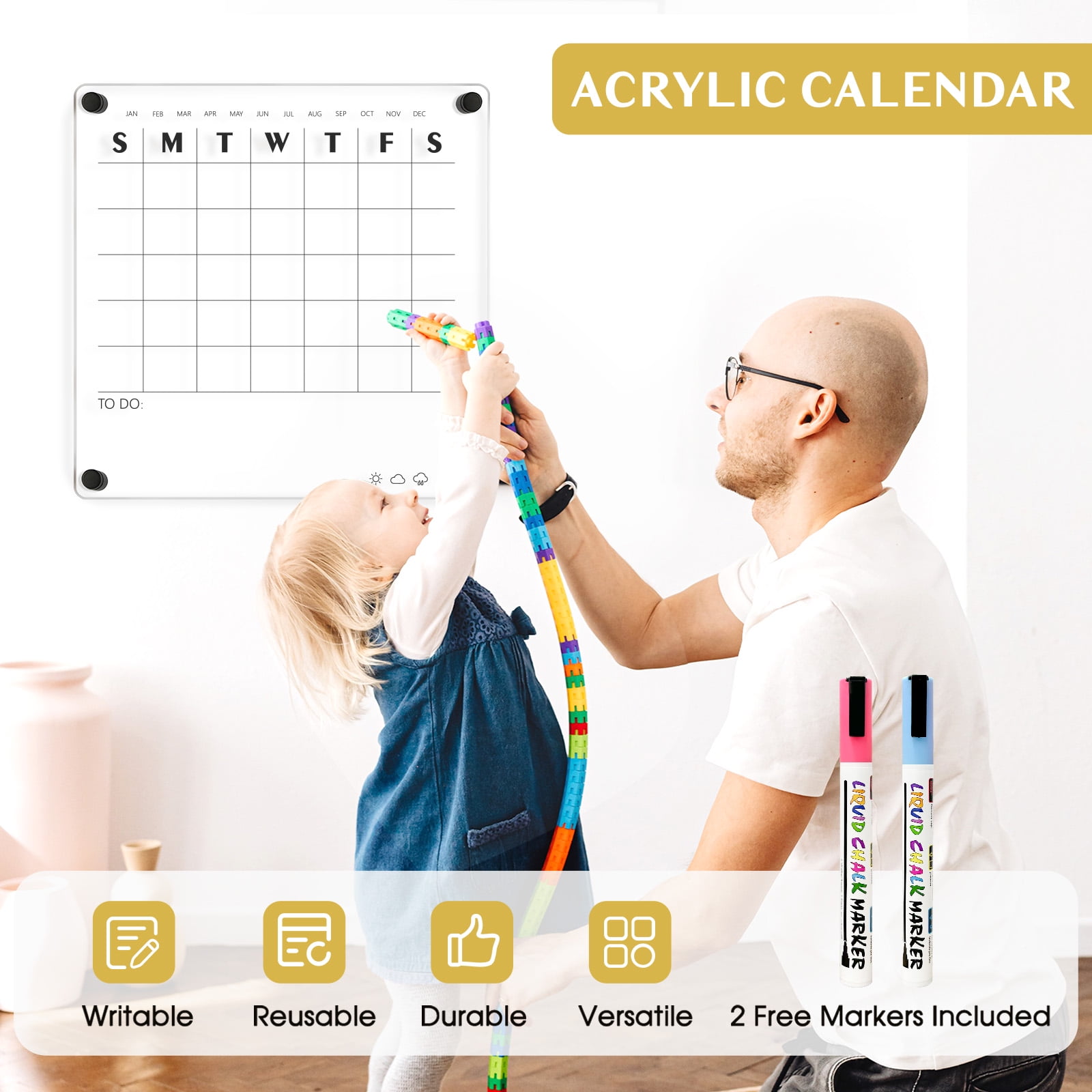 DOLLAR BOSS Reusable Acrylic Wall Calendar Clear Acrylic Monthly Wall Mounted Calendar Non-Magnetic 12"x12" Month Planner Memo Board for Home, Office, School, Task Organizer