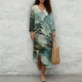 thumbnail image 4 of COEQINE Midi Dress for Women 3/4 Sleeve Wrap V-Neck, Loose Fit Boho 2026 Shift Dress Beach Cover Up with Linen Look, Machine Washable, Size M, Ink Pine Tree Mountain, 4 of 6