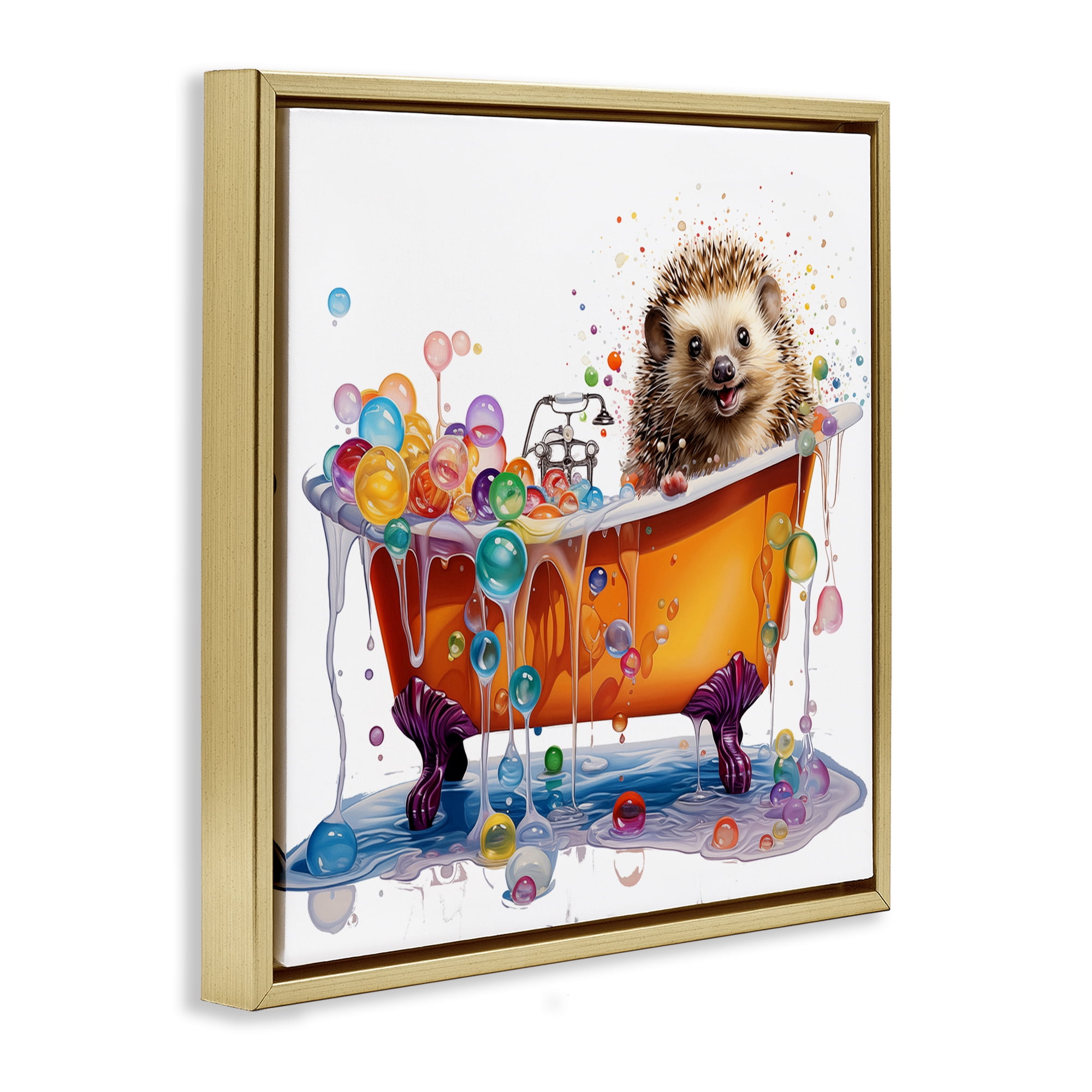 Stupell Industries Happy Hedgehog Bubble Bath Bath & Laundry Painting Gold Floater Framed Canvas Art Print Wall Art, 18 x 18