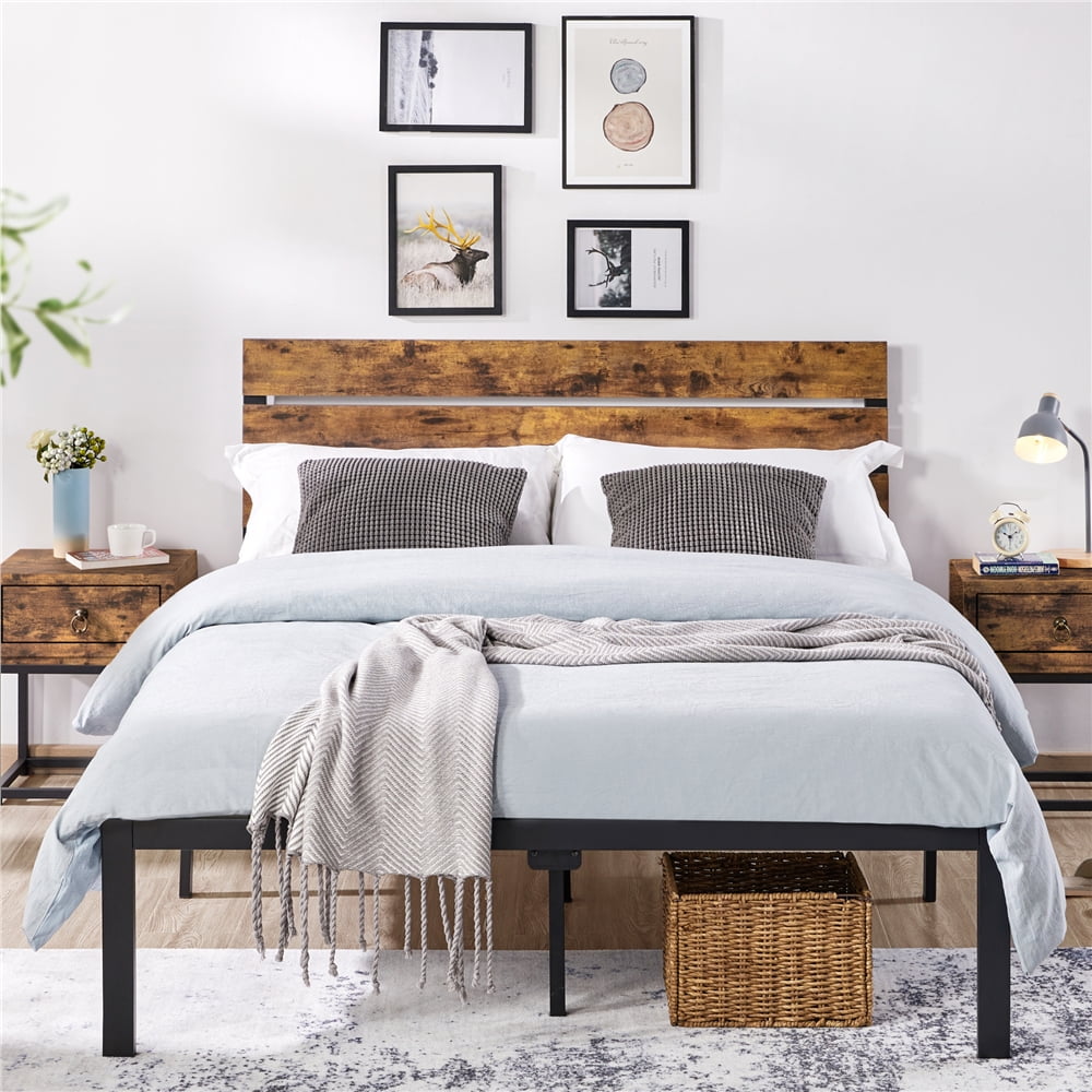 Easyfashion Metal Platform Queen Bed, Metal Platform Bed Frame With Wood Headboard