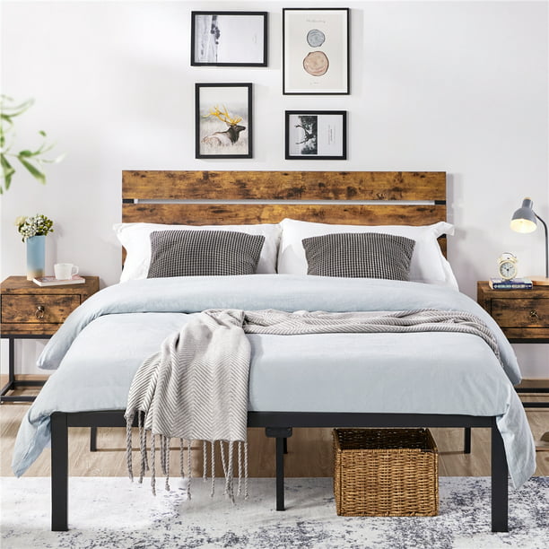 Easyfashion Metal Platform Queen Bed, Iron And Wood Queen Bed