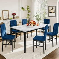 Lamerge 7 Piece Dining Table Set , Modern Dining Room Table Set for 6, Faux Marble Kitchen Dining Table and 6 Upholstered Velvet Chairs for Big Family, White & Blue