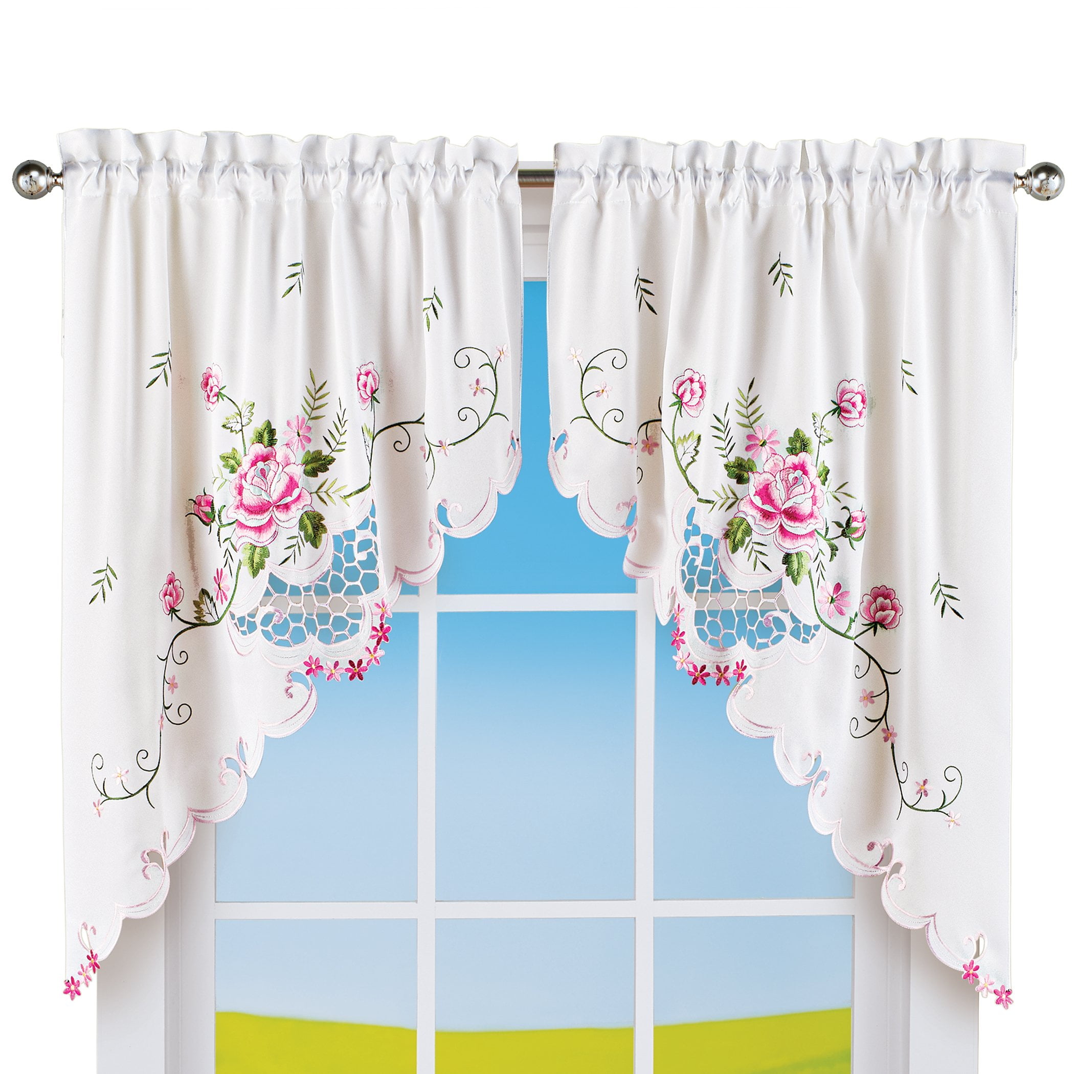 Embroidered Pretty Rose & Scalloped Lace Border Window Curtains