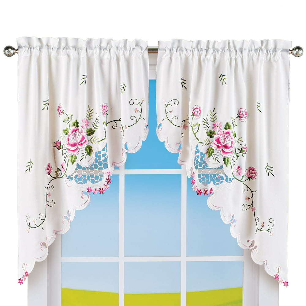 Embroidered Pretty Rose & Scalloped Lace Border Window Curtains