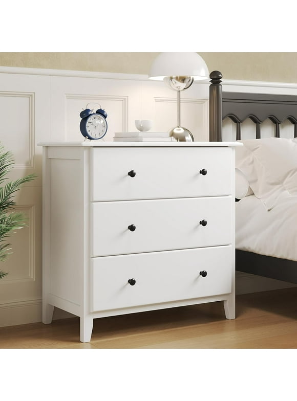 Afuhokles White Dresser for Bedroom, 3 Drawers Solid Wood Dresser, Modern Dresser with Wide Storage Space