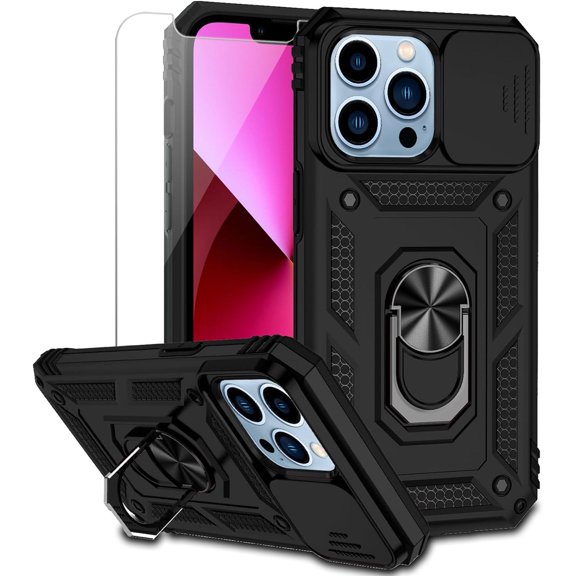 for iPhone 13 Pro Max Case with Camera Lens Cover HD Screen Protector, Military Grade Drop Protection Magnetic Ring Holder Kickstand Protective Phone Case for Apple iPhone 13 Pro Max 6.7 inch (Black)
