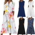 thumbnail image 6 of YanHoo Dresses for Women 2024 Wedding Guest 2024 Summer Henley V Neck Midi Dress Floral Print Short Sleeve Button Sundress Dresses Clearance Sales Today Deals Prime Women's Clothing, 6 of 6