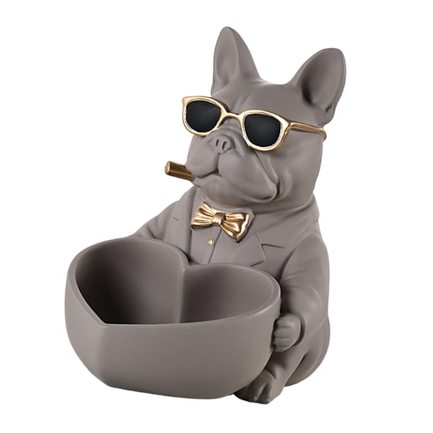 Figura de bulldog francés, cuenco para guardar llaves, escultura de resina, plato ligero para dulces Marrón