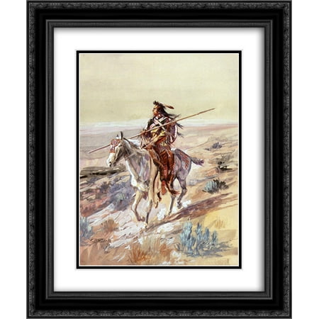 Charles M. Russell 2x Matted 20x24 Black Ornate Framed Art Print 'Indian with Spear '