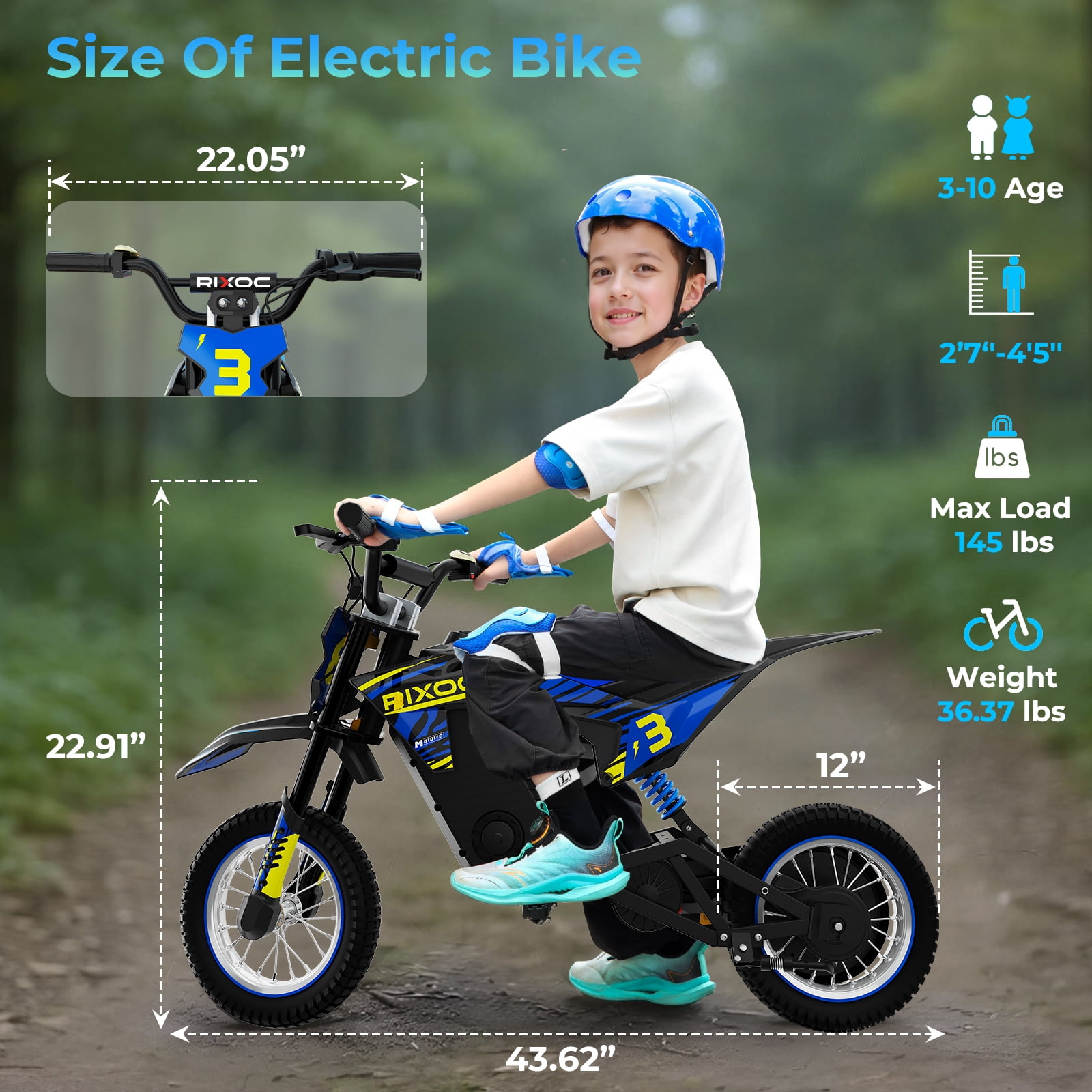 RIXOC DK-12 Electric Dirt Bike,3 Speed Modes up to 15.5 mph, 36V 5.2Ah Peak 700W Max 14Miles Electric Motorcycle for Kids Ages 3-8 UL2272