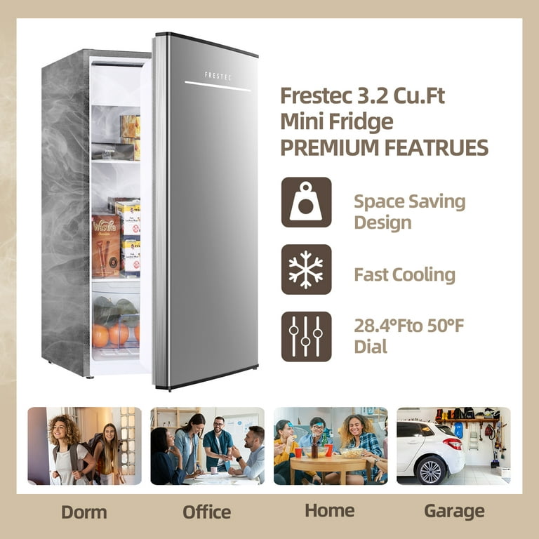 KOTEK 3.2 Cu.Ft Mini Fridge with Freezer, Silver Compact  Refrigerator/Freezer with Reversible 2 Doors, 5 Level Adjustable  Thermostat, & Removable