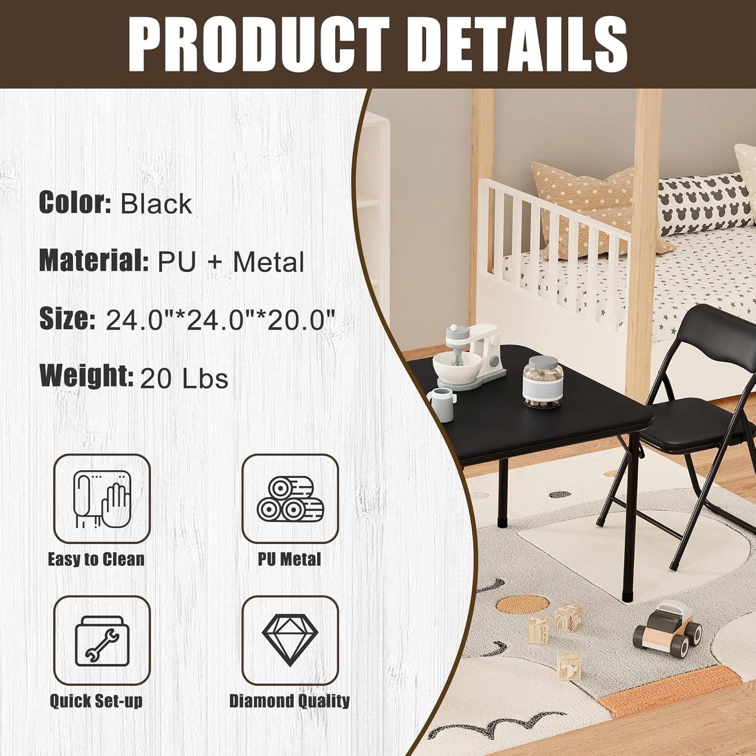 COZONY 3 Piece Kids Folding Table and Chair Set, Pu Soft Cushion, Portable Table and Chair Set for Playing, Reading, Eating, Black