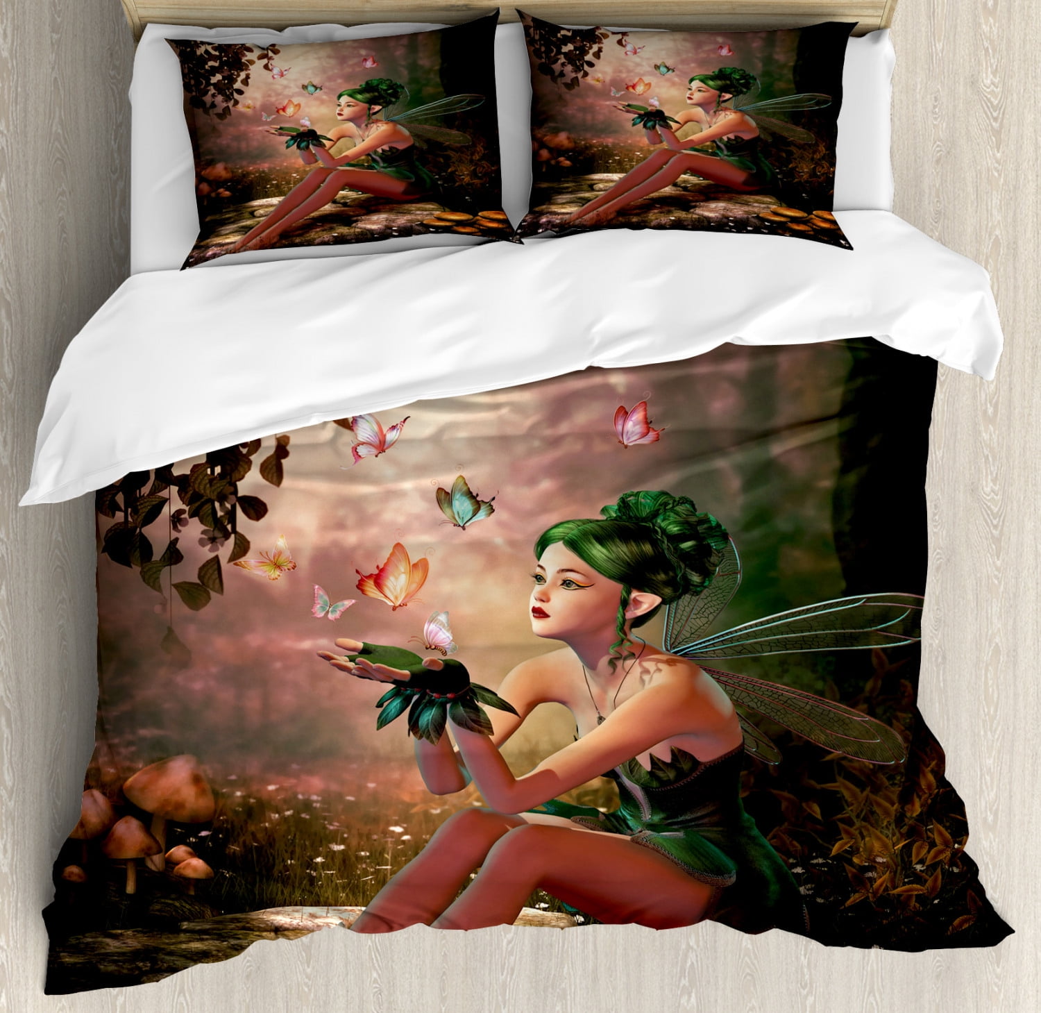 Fairy Duvet Cover Set King Size Girl with Wings and Butterflies Digital Composition Computer Graphics Elven Creature Decorative 3 Piece Bedding Set with 2 Pillow Shams Multicolor by Ambesonne Walmart....