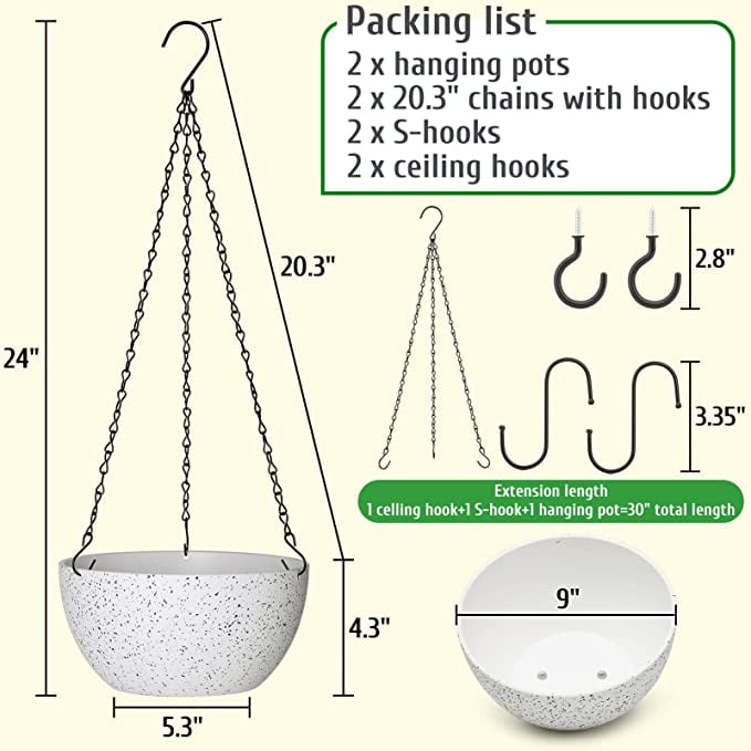 Fabulas 2 Pack Hanging Planter Pots for Plants Outdoor Indoor, 9 inch  Hanging Plant Pot Plastic Flower Pots with Drainage Holes Ceiling Hooks