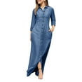 thumbnail image 2 of IDALL Maxi Dresses,Denim Dress Women Casual Solid Denim Dress V Neck Long Sleeve Button Pocket Loose Long Dress Casual Dresses,Long Sleeve Dress,Long Dresses Light Blue Dress S, 2 of 7