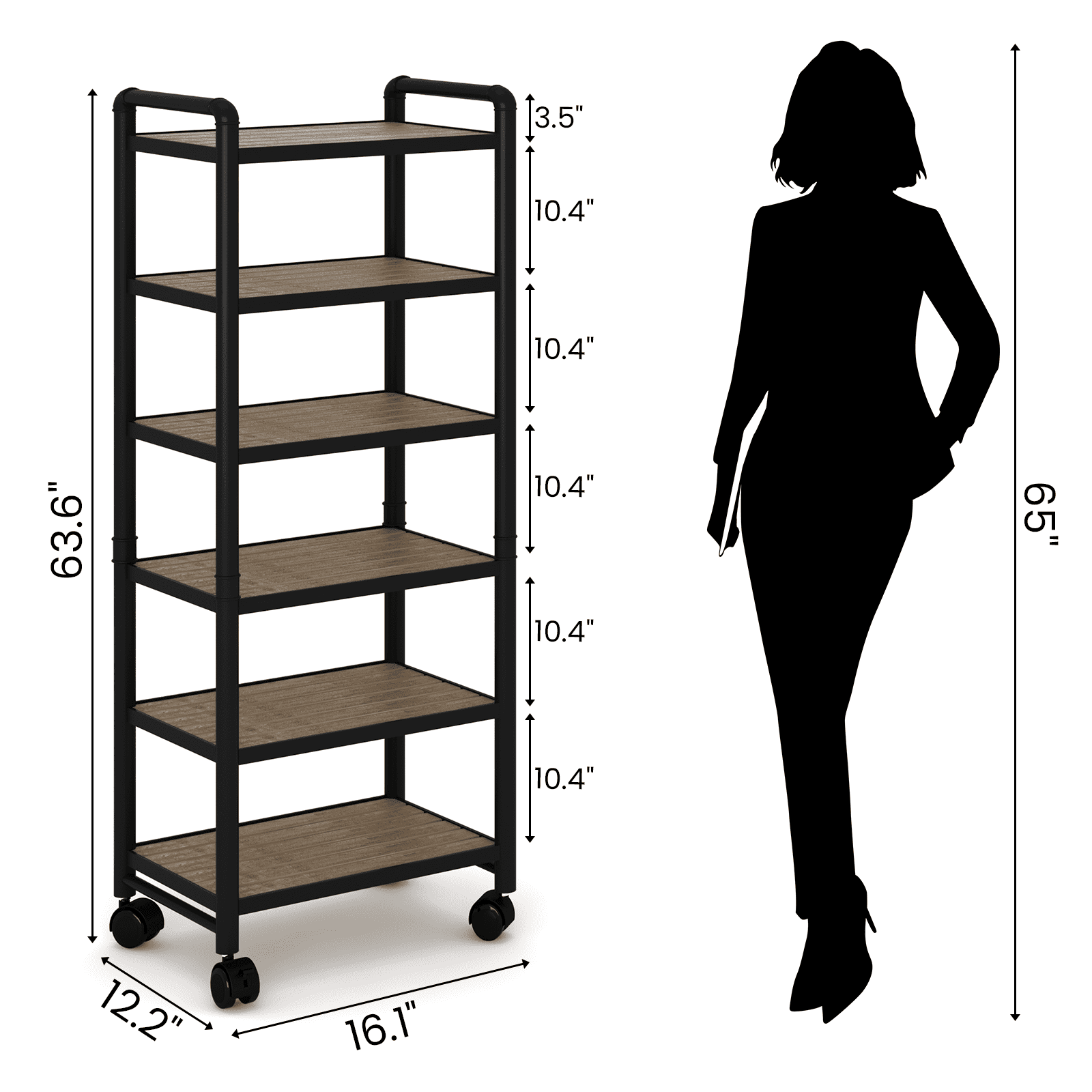 Baxluxe Adjustable 6-Tier Storage Shelves with Wheels, Narrow Tall Bathroom Shelves, Metal Frame Organizer Shelf with Wood Shelves for Kitchen, Garage, 12"Lx16"Wx63" H