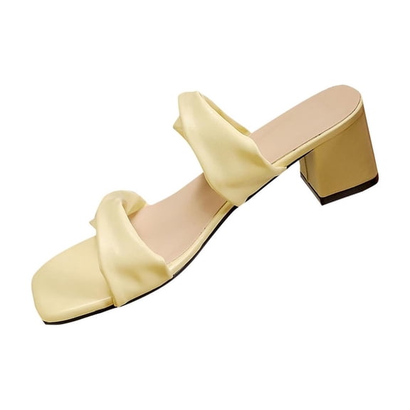HomeDM Women's Open Toe Low Chunky Heels Sandals Square Open Toe Block Heels Slip On Two Strap Wedding Party Dress Shoes, Yellow Size 7
