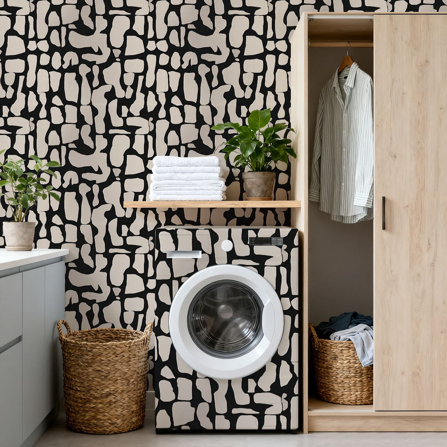 Peel and Stick Wallpaper Abstract Black Beige Geometric Organic Shapes Wall Mural 17.7in x 9.8ft Self Adhesive Removable Wall Paper Renter Friendly Wallpaper for Nursery Bedroom Cabinets