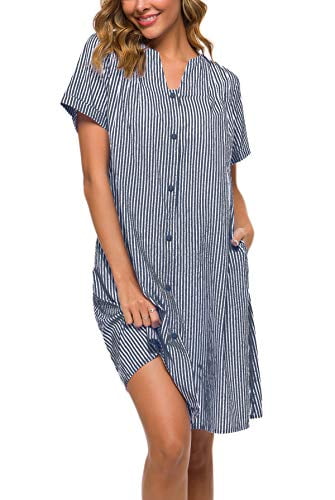 YOZLY House Dress Womens Short Sleeve Housecoat Duster Robe Button Down Nightgown S-XXL 