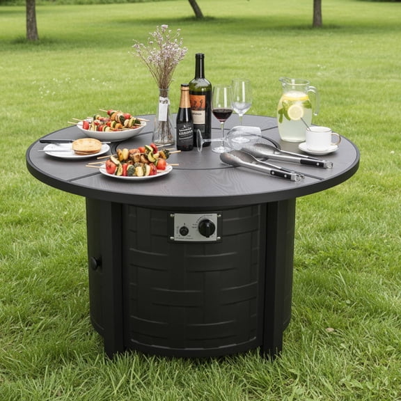 TLSUNNY 42'' Round Propane Fire Pit Table, 50,000 BTU Steel Firepit with Metal Lid, Waterproof Cover, Auto-Ignition, for Patio/Backyard