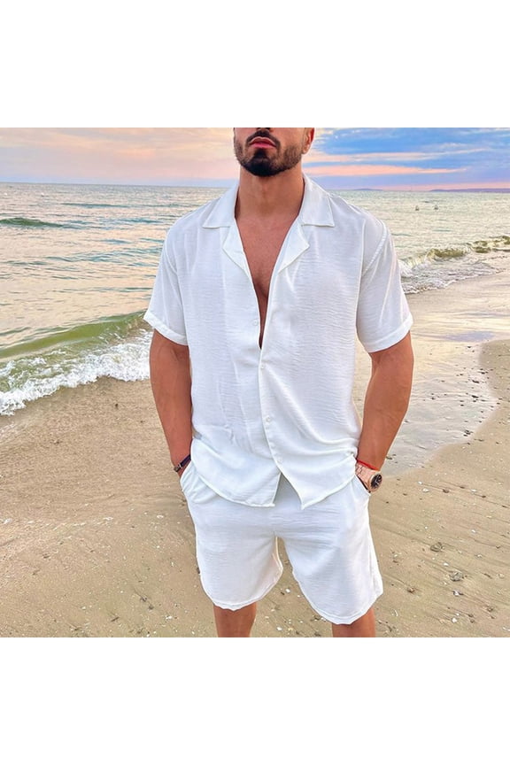 Mens Cotton Linen 2 Piece Outfits Short Sleeve Cuban Shirts and Shorts Set Solid Textured Casual Beach Suit Summer Vacation Matching Sets White XXL