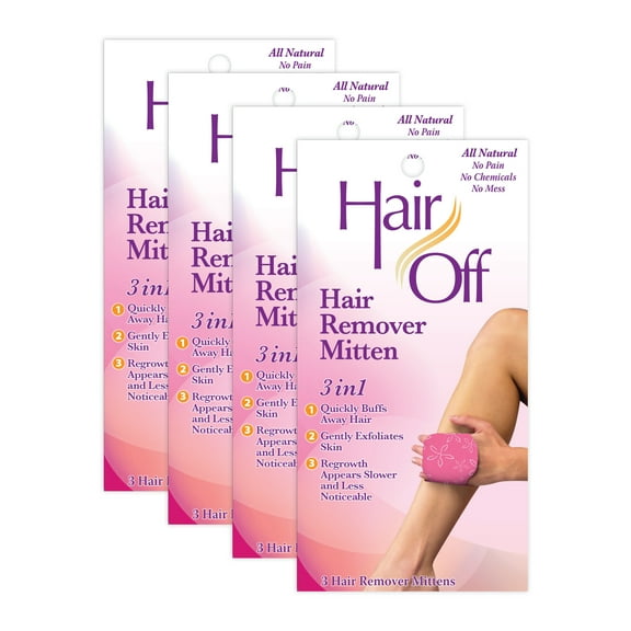 Hair Off Hair Remover Mitten - All-Natural, Painless & Chemical Free - Full Body Hair Removal - Slows & Lessens Regrowth - Exfoliates Skin (3 Mittens Per Box)(Pack of 4)