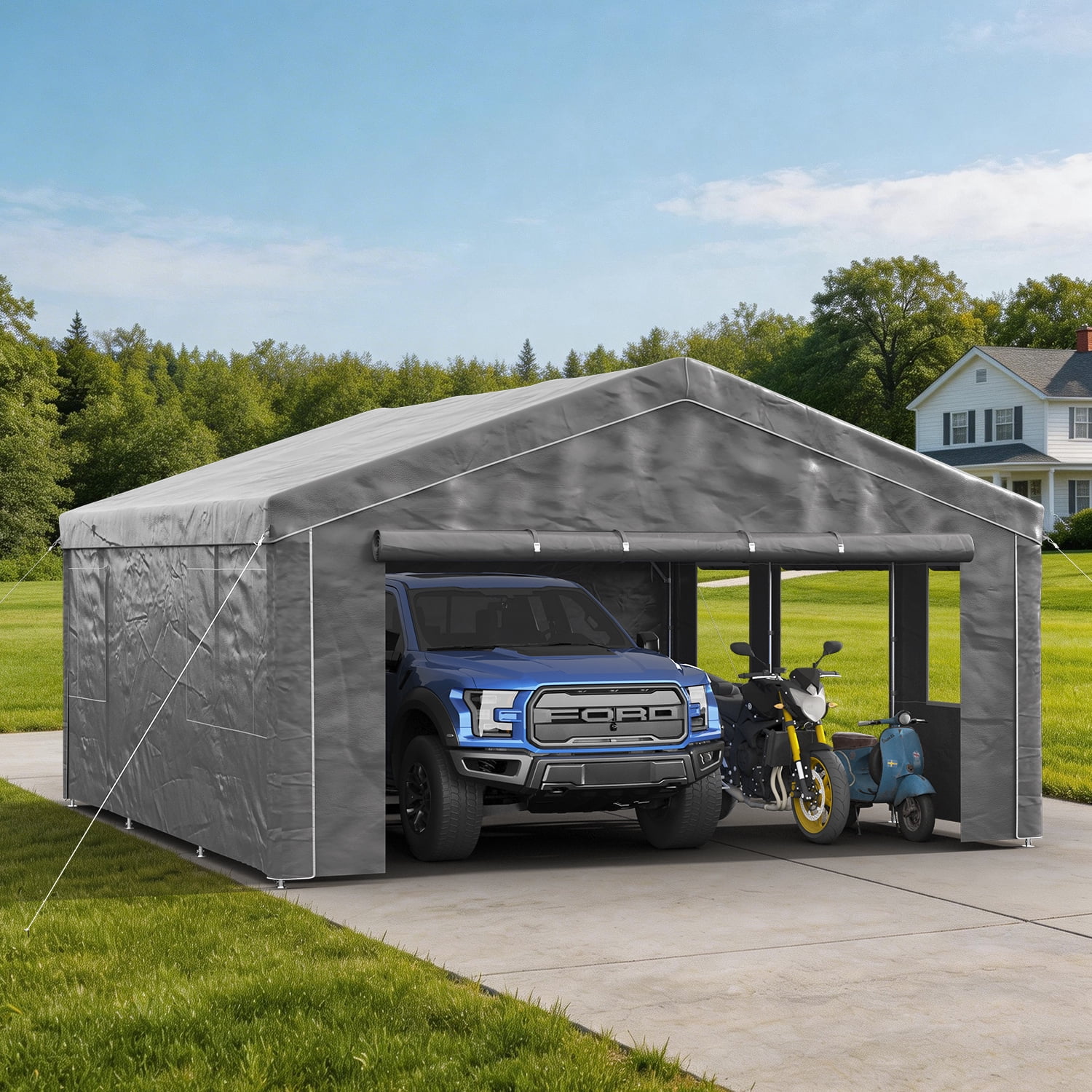 BaPiPro 20x20FT Grey Gable Top Carport, Multifunctional Outdoor Storage Shelter with All-Weather Metal Frame for Patio Vehicle Parking & Outdoor Gear Storage