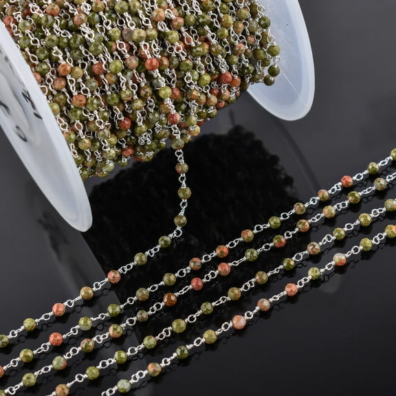QNAVIC Natural Unakite Gemstone Handmade Beaded Stone Rosary Chains with 3mm Beads Jewelry Making DIY Accessories 925 Sterling Silver Rosary Chain Hand Craft (1 feet)